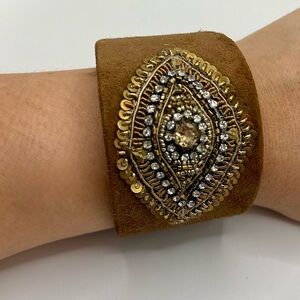 Boho Wide Suede Cuff Bracelet Brown Beaded Crystal Statement